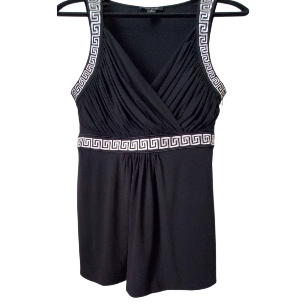 WHBM Black Sleeveless V-neck Embroidered Black Greek Key Detailed Top Size M